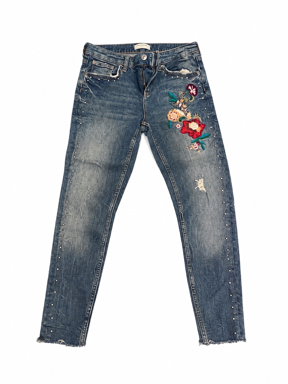 Zara Skinny Jeans with Floral Embroidery - Blue Denim